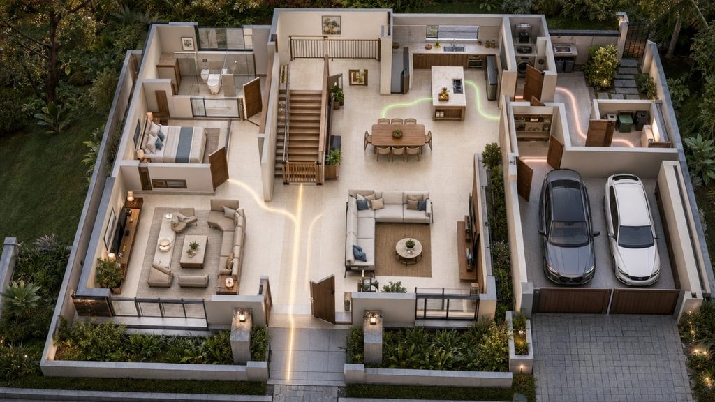 Clear circulation route through a family home floor plan