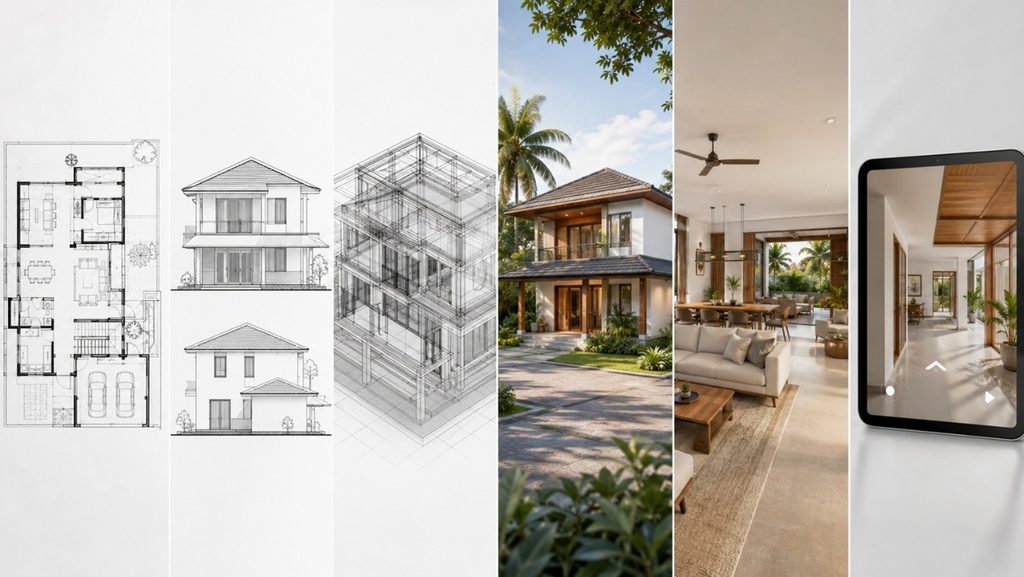3D architectural model showing floor plan, elevations and interior views together