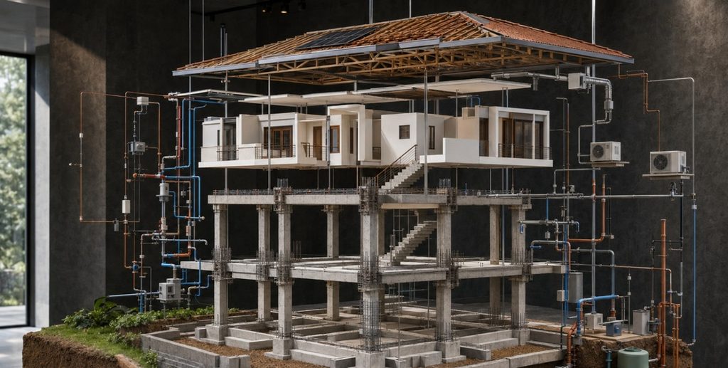 Structural drawing showing foundations, columns and beams