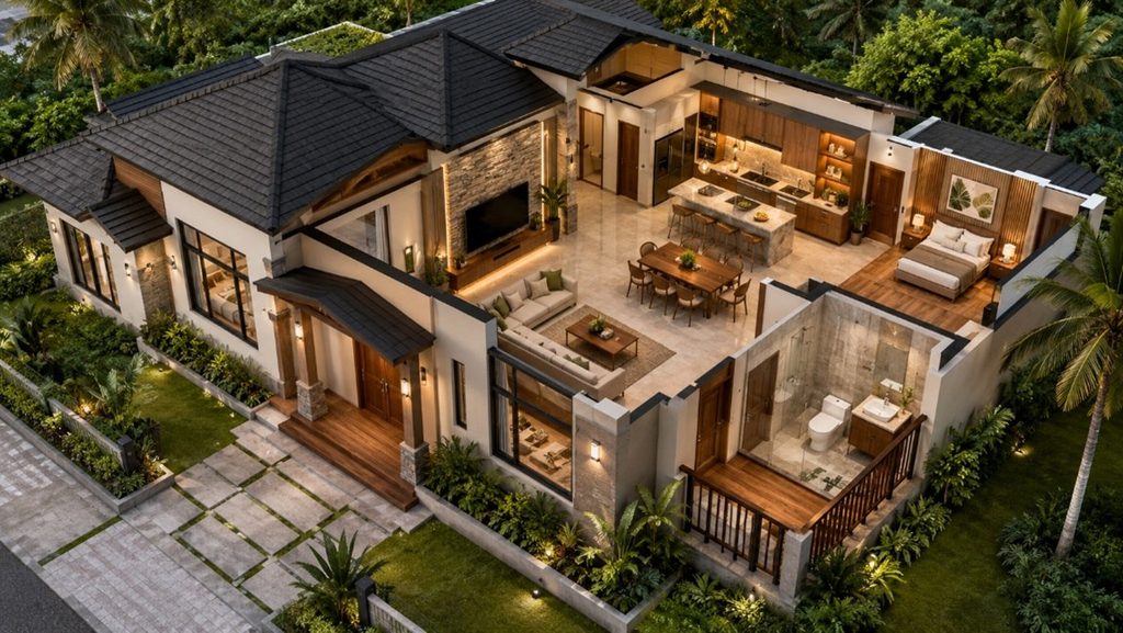 3D render comparing wall colours, roof tiles and flooring finishes