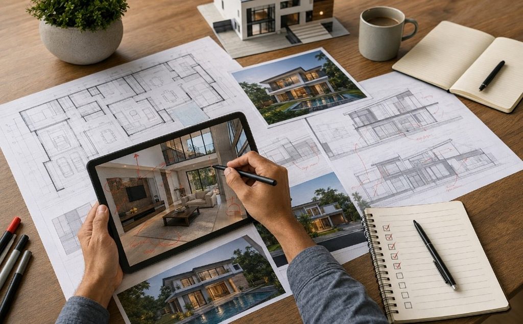 Homeowner marking design revisions on a 3D visualisation before final approval
