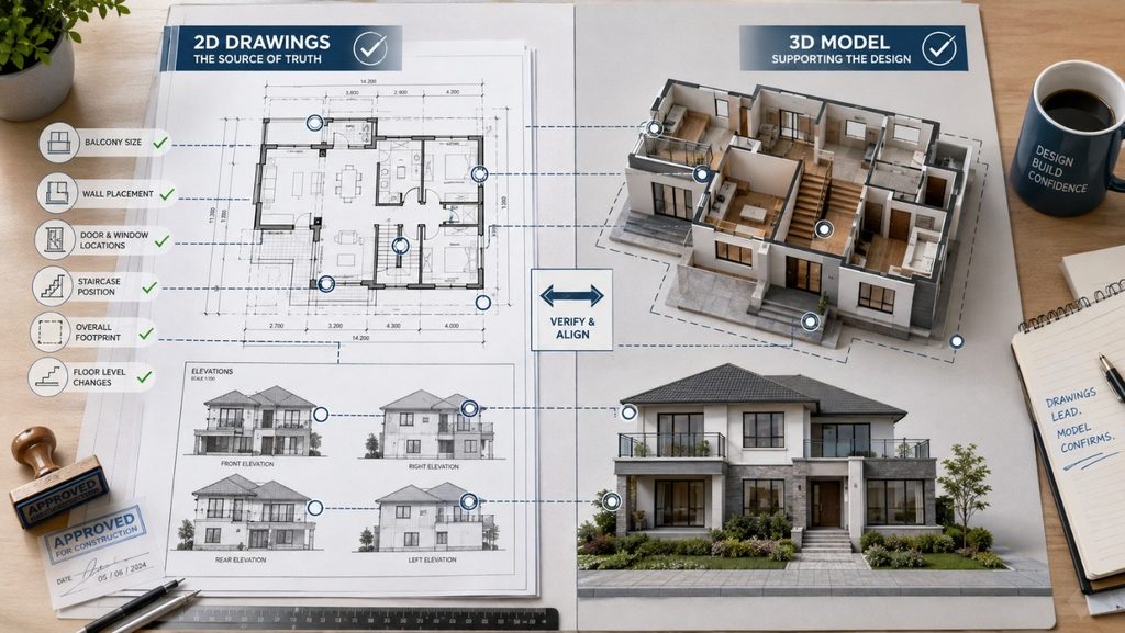 3D model compared side by side with the approved floor plan and elevations