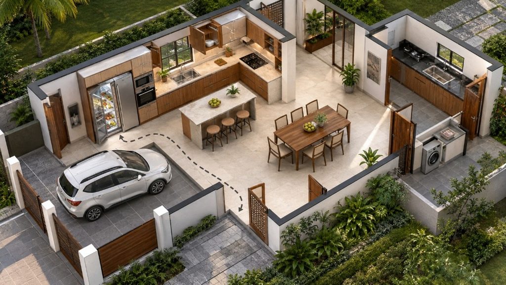 3D visualisation of a wet and dry kitchen layout in a Sri Lankan home